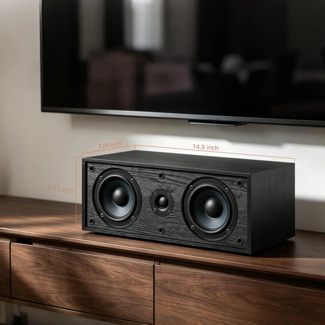 Alt view image 6 of 7 - Passive Center Channel Speaker, 4 Ohm Impedance for Home Theater Silk-Dome Horn Tweeter, Dual 4" Woofers, Spring Clip Speaker Terminals, Dual Subwoofer Reflex Ports