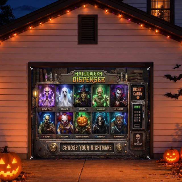 Alt view image 2 of 7 - Halloween Garage Door Cover Realistic Monster Dispenser Design, 9 x 7 FT Halloween Backdrop Banner for Garage, Outdoor Party Decorations & Photo Booth