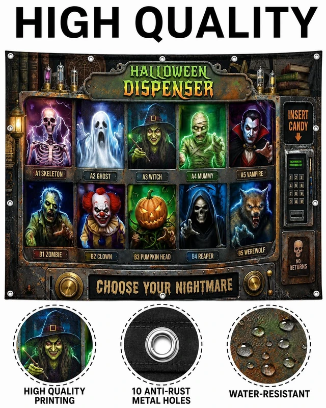 Alt view image 3 of 7 - Halloween Garage Door Cover Realistic Monster Dispenser Design, 9 x 7 FT Halloween Backdrop Banner for Garage, Outdoor Party Decorations & Photo Booth
