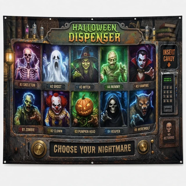 Alt view image 5 of 7 - Halloween Garage Door Cover Realistic Monster Dispenser Design, 9 x 7 FT Halloween Backdrop Banner for Garage, Outdoor Party Decorations & Photo Booth