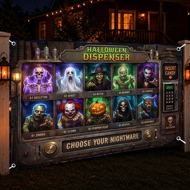 Alt view image 6 of 7 - Halloween Garage Door Cover Realistic Monster Dispenser Design, 9 x 7 FT Halloween Backdrop Banner for Garage, Outdoor Party Decorations & Photo Booth