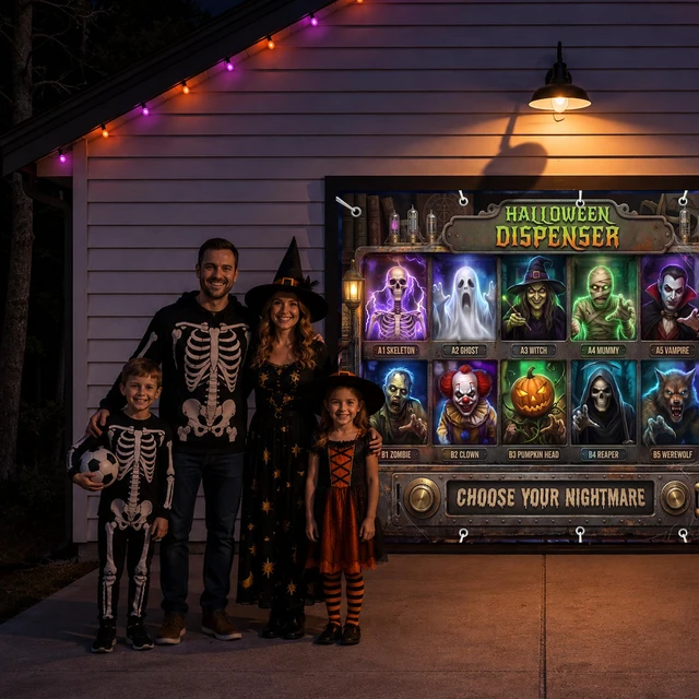 Alt view image 7 of 7 - Halloween Garage Door Cover Realistic Monster Dispenser Design, 9 x 7 FT Halloween Backdrop Banner for Garage, Outdoor Party Decorations & Photo Booth