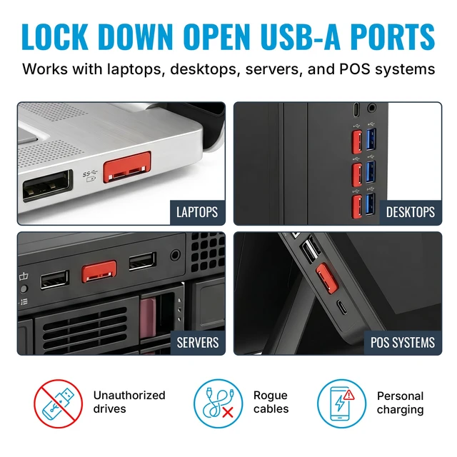 Alt view image 3 of 7 - USB A Port Blockers 10 Pack, Two Point Zinc Alloy Locks, 1 Key, Red Two point locking design, zinc alloy construction, helps deter unauthorized USB access, removable with included key