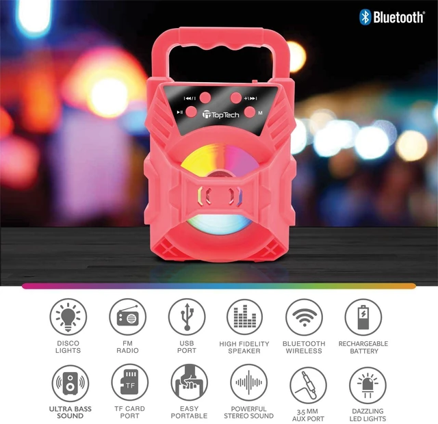Alt view image 3 of 6 - Audio Blade-4 400W Bluetooth Speaker, Portable 3-Inch Wireless Speaker with LED Lights, TWS Functionality, Karaoke Mode, 6-Hour Rechargeable Battery, USB Drive, TF Card, AUX, FM Radio, Pink