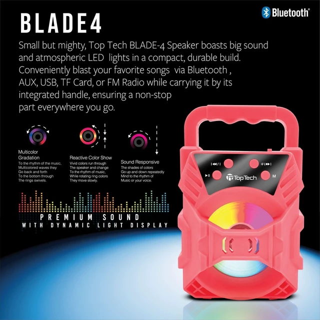Alt view image 4 of 6 - Audio Blade-4 400W Bluetooth Speaker, Portable 3-Inch Wireless Speaker with LED Lights, TWS Functionality, Karaoke Mode, 6-Hour Rechargeable Battery, USB Drive, TF Card, AUX, FM Radio, Pink
