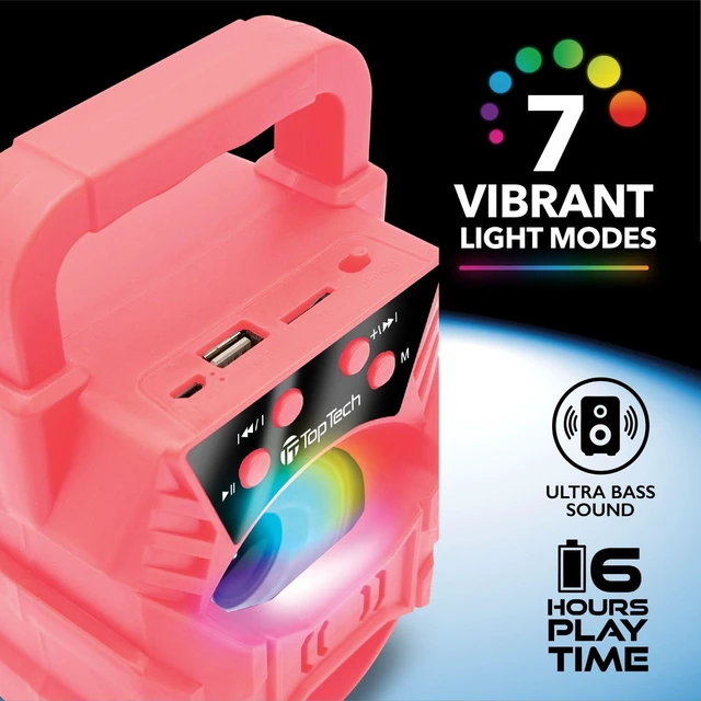 Alt view image 6 of 6 - Audio Blade-4 400W Bluetooth Speaker, Portable 3-Inch Wireless Speaker with LED Lights, TWS Functionality, Karaoke Mode, 6-Hour Rechargeable Battery, USB Drive, TF Card, AUX, FM Radio, Pink