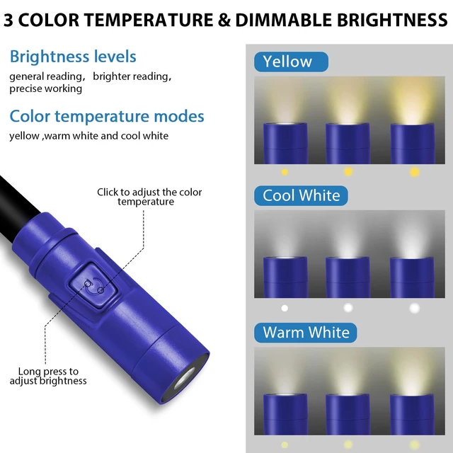 Alt view image 3 of 7 - Portable Neck Light for Knitting & Crafts with 3 Light Settings, Dark Blue Hands-Free Wear, Flexible & Bendable, Stepless Dimming, Eye-Friendly Light, USB-C Recharge, Long Battery Runtime
