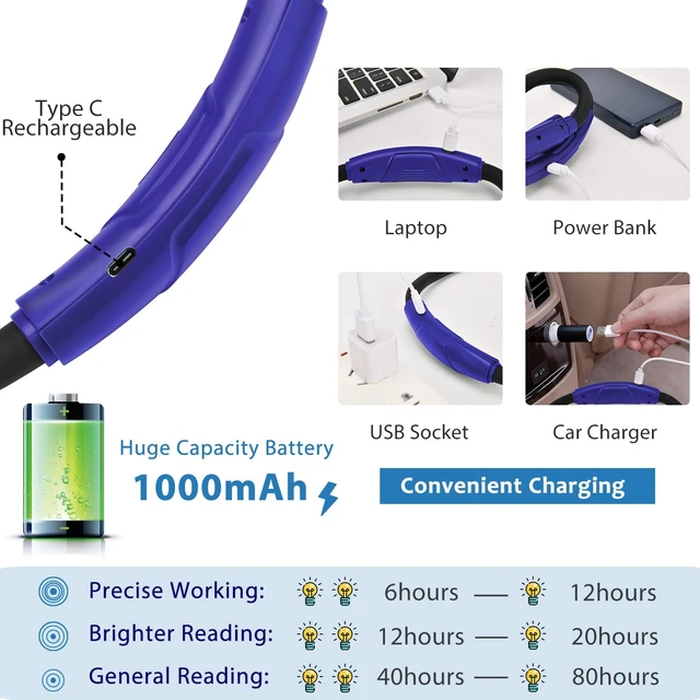 Alt view image 5 of 7 - Portable Neck Light for Knitting & Crafts with 3 Light Settings, Dark Blue Hands-Free Wear, Flexible & Bendable, Stepless Dimming, Eye-Friendly Light, USB-C Recharge, Long Battery Runtime