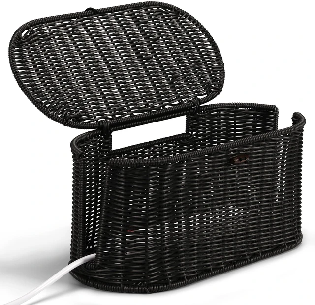 Main image of Oval Rattan Style Cable Management Box, Cable Organizer Button Loop Closure Cord Organizer with Outlet Covers, Cord Hider Box for Power Strips, Cable Tidy Box for Desk, Floor and Home Organization