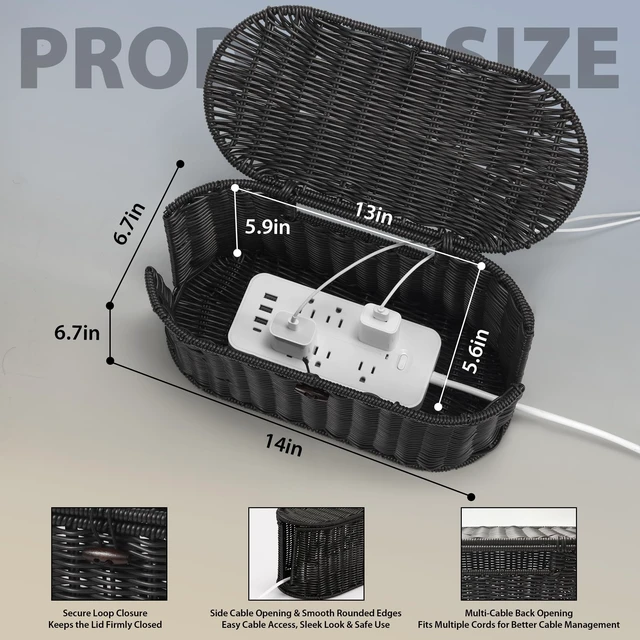 Alt view image 2 of 7 - Oval Rattan Style Cable Management Box, Cable Organizer Button Loop Closure Cord Organizer with Outlet Covers, Cord Hider Box for Power Strips, Cable Tidy Box for Desk, Floor and Home Organization
