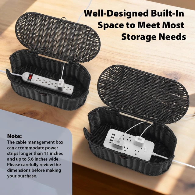 Alt view image 3 of 7 - Oval Rattan Style Cable Management Box, Cable Organizer Button Loop Closure Cord Organizer with Outlet Covers, Cord Hider Box for Power Strips, Cable Tidy Box for Desk, Floor and Home Organization