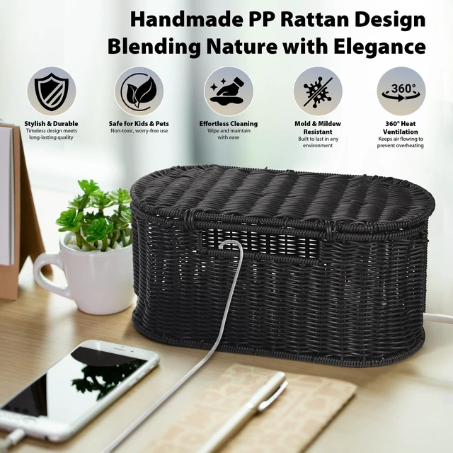 Alt view image 5 of 7 - Oval Rattan Style Cable Management Box, Cable Organizer Button Loop Closure Cord Organizer with Outlet Covers, Cord Hider Box for Power Strips, Cable Tidy Box for Desk, Floor and Home Organization