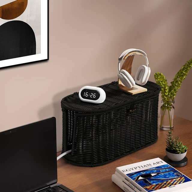 Alt view image 6 of 7 - Oval Rattan Style Cable Management Box, Cable Organizer Button Loop Closure Cord Organizer with Outlet Covers, Cord Hider Box for Power Strips, Cable Tidy Box for Desk, Floor and Home Organization