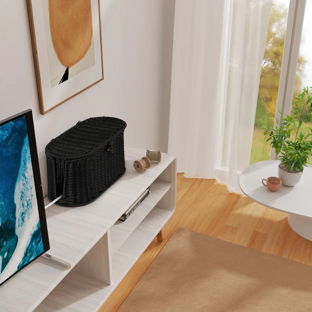 Alt view image 7 of 7 - Oval Rattan Style Cable Management Box, Cable Organizer Button Loop Closure Cord Organizer with Outlet Covers, Cord Hider Box for Power Strips, Cable Tidy Box for Desk, Floor and Home Organization
