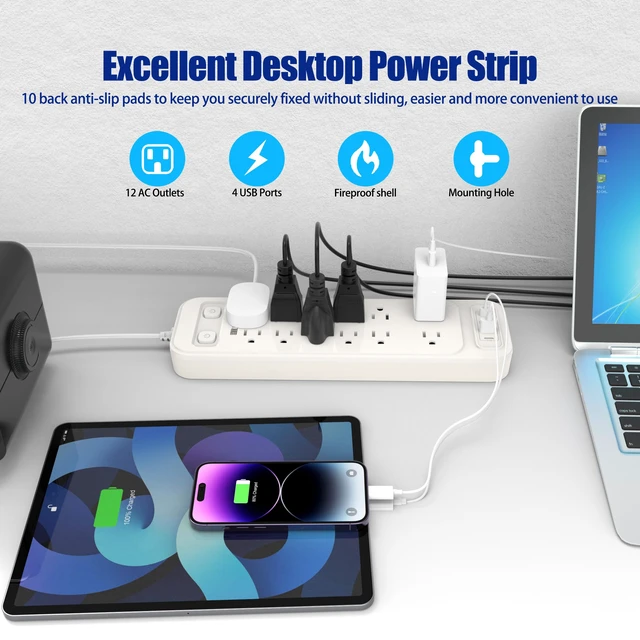 Alt view image 6 of 7 - Surge Protector, Power Strip with Dual Independent Switches, Extension Cord & 12 Outlets and 2 USB-A and 2 USB-C for Offices, 1250W/10A, 6FT Cord, Overload Protection