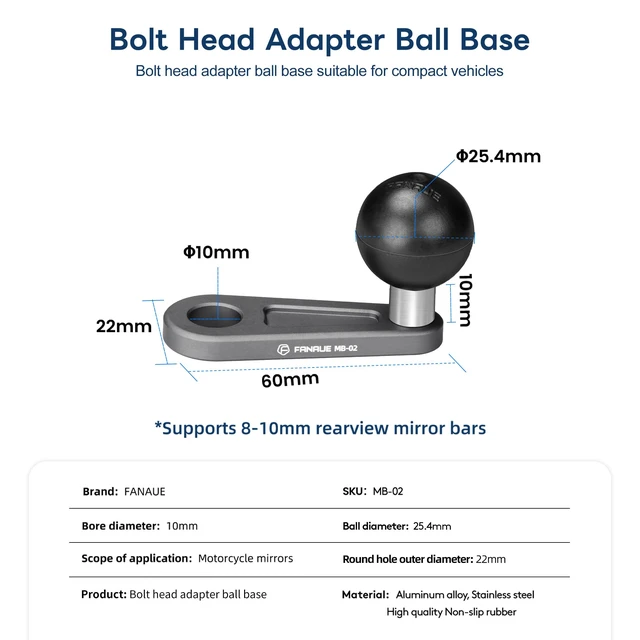 Alt view image 5 of 7 - 1 inch Angled Bolt Head Adapter Ball Base with 10mm Mounting Hole, Aluminum 1" Ball Head Compatible with RAM Mounts and Bike Motorcycle Mirrors Lever Phone Holder