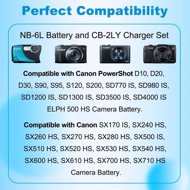 Alt view image 5 of 7 - 2 Pack NB-6L NB-6LH Battery and CB-2LY Charger Kit for Canon Compatible with PowerShot D10, D20, S90, S95, S200, SD770IS & SX170IS, SX240HS, SX500IS, SX700HS Cameras