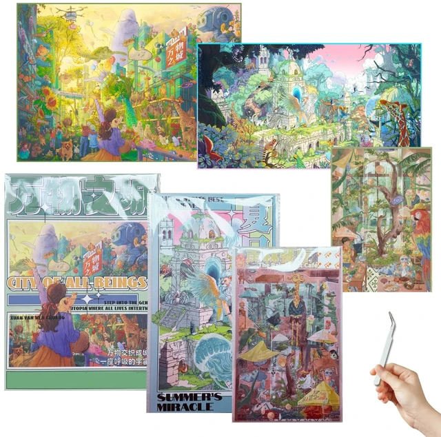 Main image of 3 Sets DIY 3D Diorama Scene Stickers for Adults, Miniature Sticker Therapy Hand-painted 3D diorama scene stickers, DIY miniature landscape kit, craft gift, sticker therapy, City of All Beings