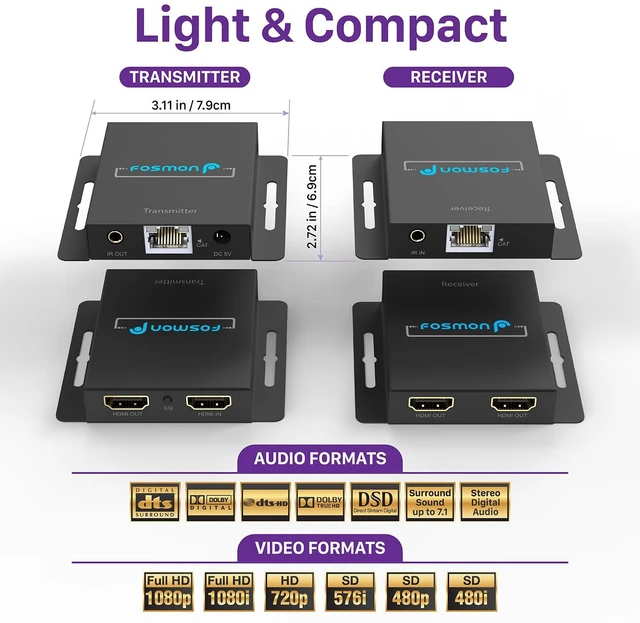 Alt view image 2 of 6 - HDMI Extender (1080P@60Hz) Over Cat5/6/7 Cable up to 230ft with IR HDMI extender balun transmitter receiver over RJ45 ethernet supports DTS-HD, Dolby TrueHD, plug-and-play, POC, Auto EQ and IR