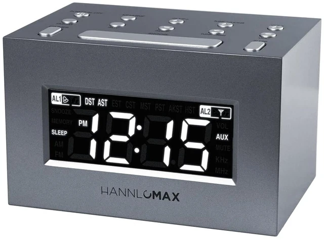 Main image of HX-111CR Alarm Clock Radio, AM/FM, Auto DST (Grey) AM/FM Radio, Digital Clock, Dual Alarm, White LED Display, Auto Time Set, Aux-in