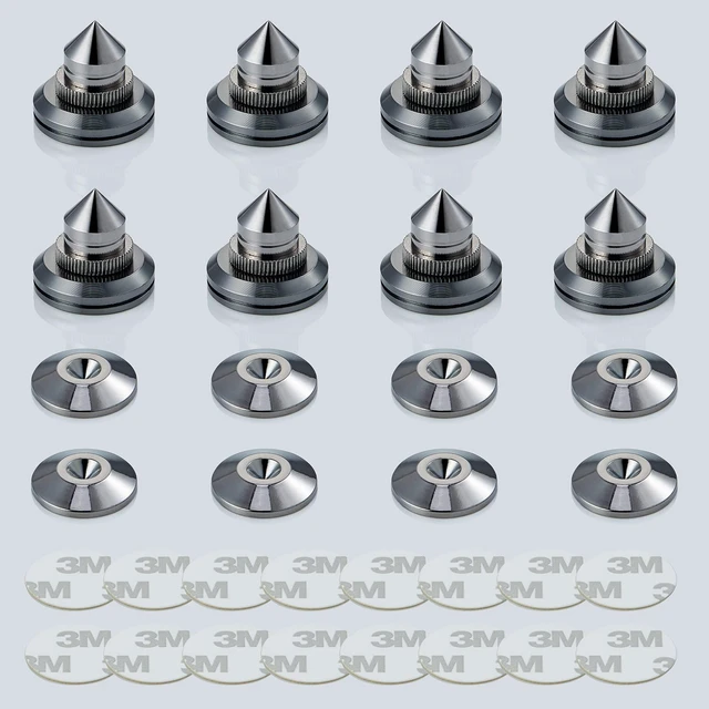 Main image of Speaker Spikes Adjustable Floor Protectors 8pcs with Adhesive, Black Shockproof Speaker Isolation Stand Feet for HiFi Amplifier, Subwoofer, DAC Recorder, Turntable, Cone Base Pad