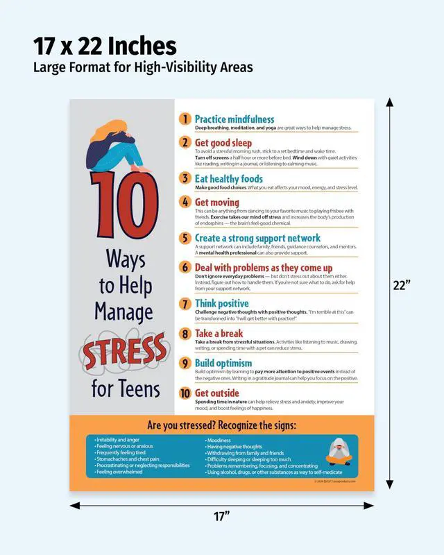 Alt view image 2 of 6 - 10 Ways to Manage Stress SEL & Mindfulness Poster for Teens (20-Pack) Laminated 17x22 School Counselor & Therapy Office Decor