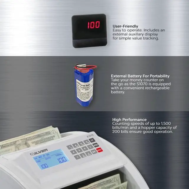 Alt view image 5 of 6 - Money Counter Machine UV/MG/IR/DD/DBL/HLF/CHN Counterfeit Money Detector Bill Counter with LCD Display & Backup Battery, 1500 Bills/Min, S1070