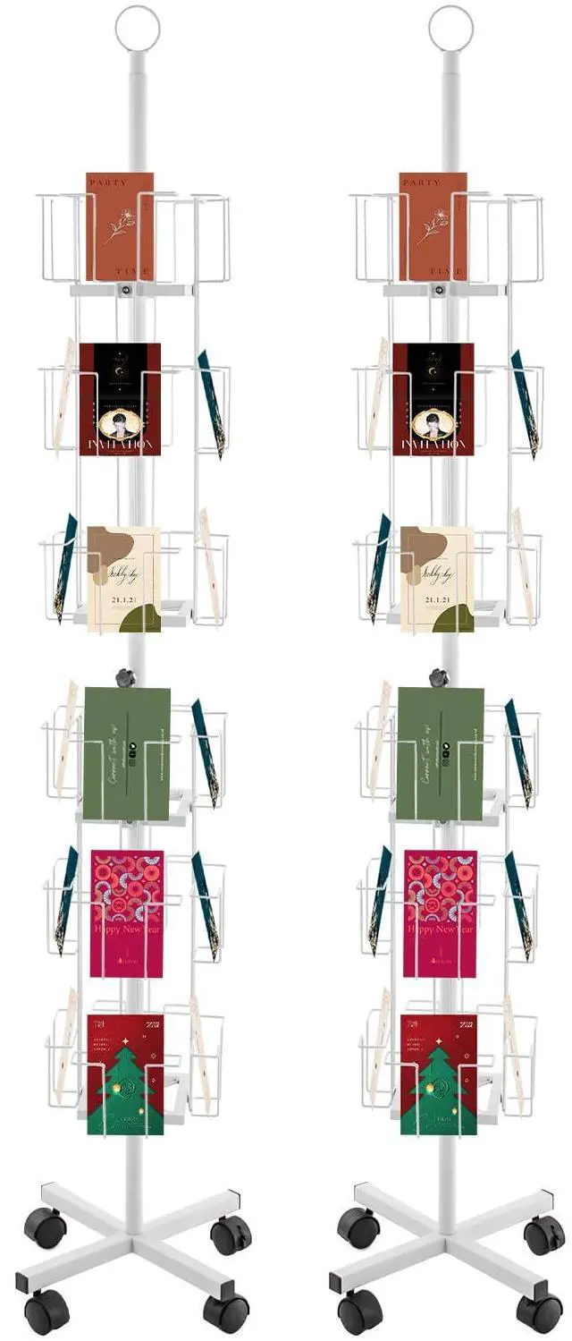 Main image of Rotating Greeting Card Rack, 2Pcs 6 Tiers 24 Greeting Card Display Stand Cold Rolled Steel Pocket Rotating Holder Portable Postcard Holder w/Universal Wheels for Classrooms Offices Libraries