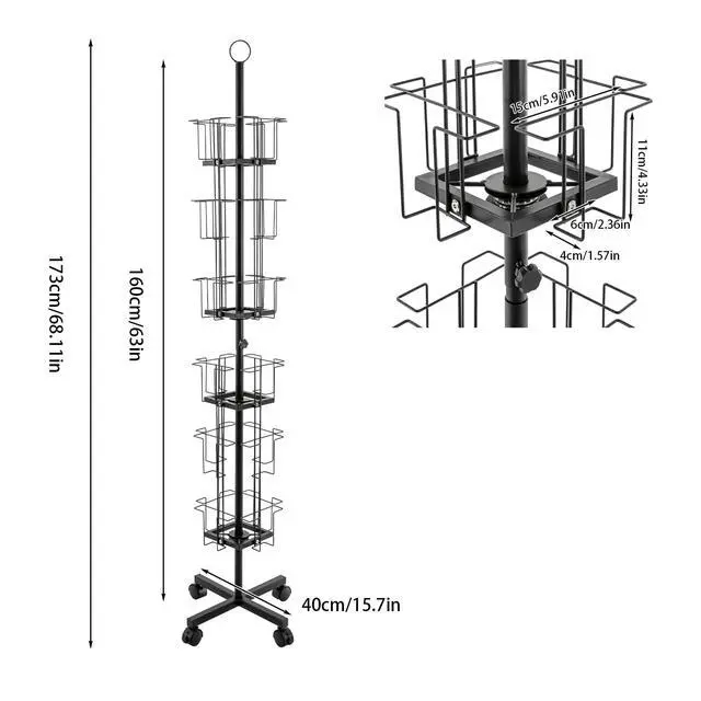 Alt view image 2 of 6 - Rotating Greeting Card Rack, 2Pcs 6 Tiers 24 Greeting Card Display Stand Cold Rolled Steel Pocket Rotating Holder Portable Postcard Holder w/Universal Wheels for Classrooms Offices Libraries (2Pcs 24