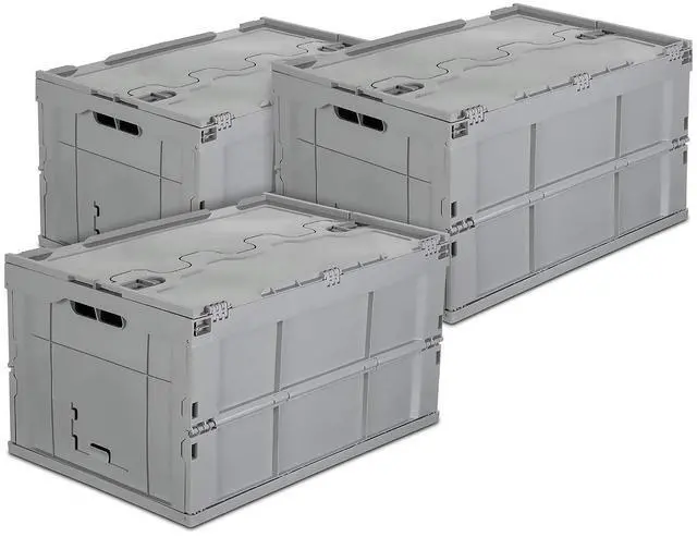 Main image of Folding Plastic Storage Crate, PACK OF 3, Collapsible Utility Distribution Container with Attached Lid, 65L Liter Capacity, Gray