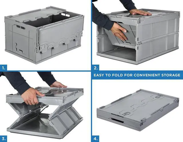 Alt view image 2 of 6 - Folding Plastic Storage Crate, PACK OF 3, Collapsible Utility Distribution Container with Attached Lid, 65L Liter Capacity, Gray