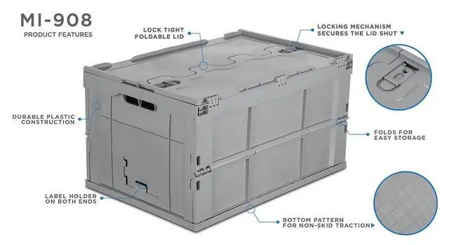 Alt view image 4 of 6 - Folding Plastic Storage Crate, PACK OF 3, Collapsible Utility Distribution Container with Attached Lid, 65L Liter Capacity, Gray