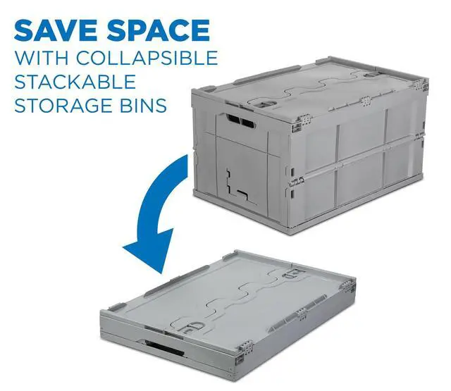 Alt view image 5 of 6 - Folding Plastic Storage Crate, PACK OF 3, Collapsible Utility Distribution Container with Attached Lid, 65L Liter Capacity, Gray