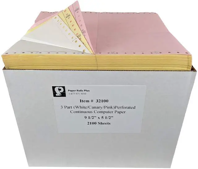 Main image of Trendar Paper - 3 part (White/Canary/Pink) Continuous Feed Perforated Computer Paper - Dot Matrix Paper - 9.5 x 5.5 Inches - 2400 Sheets (NOT 8.5 x 11)