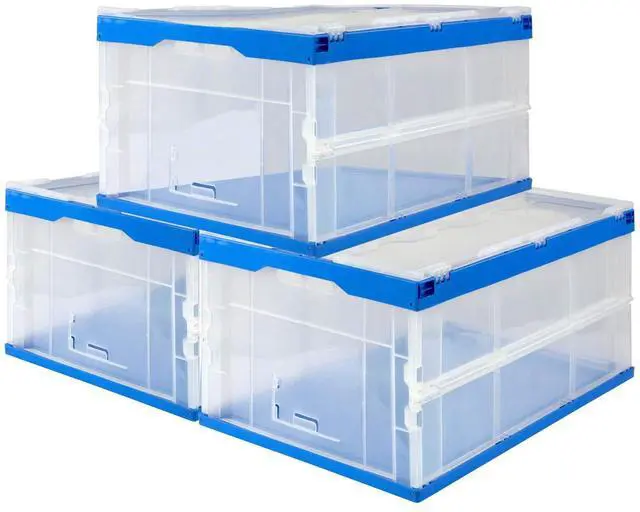 Main image of Folding Plastic Storage Crate, Collapsible Utility Distribution Container with Attached Lid, 23x15x13 Inches, 65L Liter Capacity, Clear (SET OF 3)