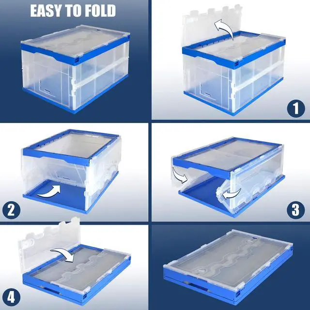 Alt view image 2 of 6 - Folding Plastic Storage Crate, Collapsible Utility Distribution Container with Attached Lid, 23x15x13 Inches, 65L Liter Capacity, Clear (SET OF 3)