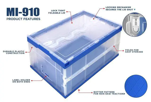 Alt view image 3 of 6 - Folding Plastic Storage Crate, Collapsible Utility Distribution Container with Attached Lid, 23x15x13 Inches, 65L Liter Capacity, Clear (SET OF 3)