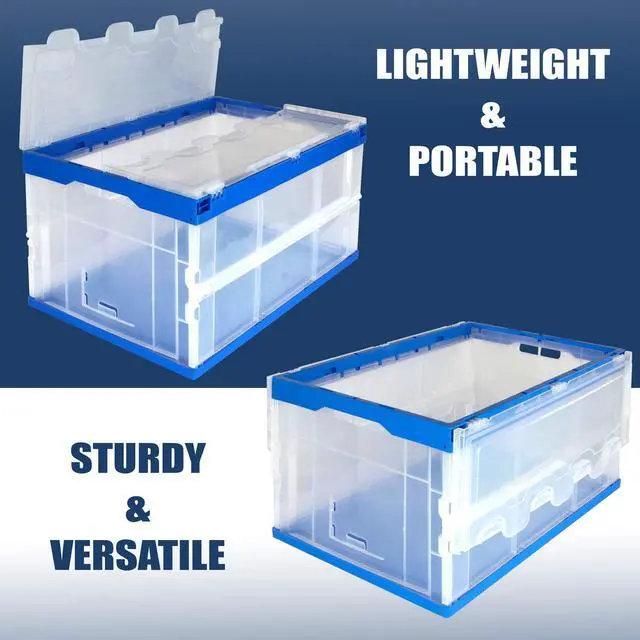 Alt view image 4 of 6 - Folding Plastic Storage Crate, Collapsible Utility Distribution Container with Attached Lid, 23x15x13 Inches, 65L Liter Capacity, Clear (SET OF 3)