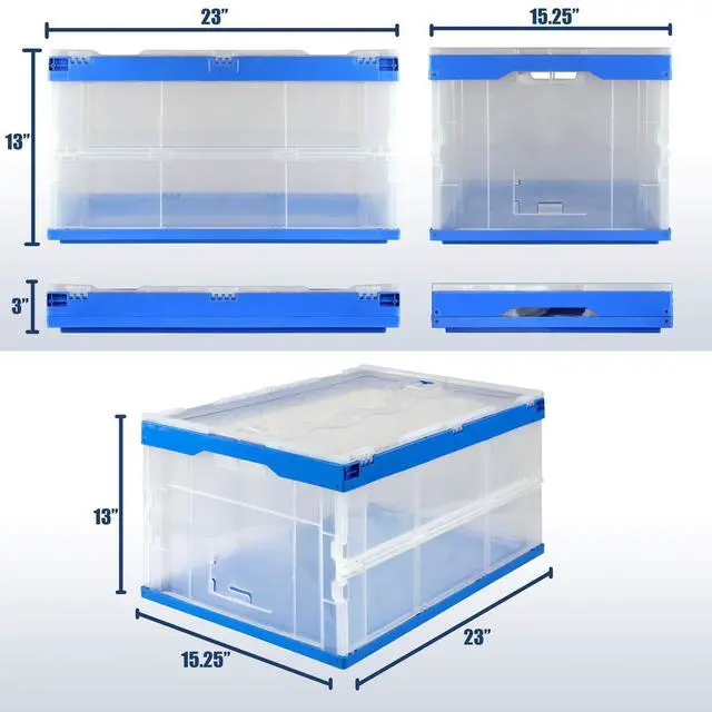 Alt view image 5 of 6 - Folding Plastic Storage Crate, Collapsible Utility Distribution Container with Attached Lid, 23x15x13 Inches, 65L Liter Capacity, Clear (SET OF 3)