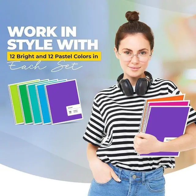 Alt view image 3 of 6 - Spiral Notebook 96 Pack of 48 Bright & 48 Pastel Colors, 1 Subject, Wide Ruled, Notebooks for School - 8X10.5 Inch - 70 Sheets (96 Pack)