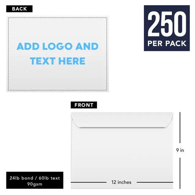 Alt view image 6 of 6 - Customize Your 9" x 12" Booklet Envelopes - Upload Your Full Color Logo and Return Address Custom Professionally Printed Bright White Wove Envelopes Thick and Sturdy (250)