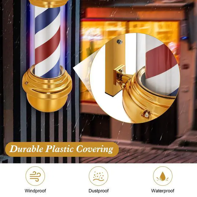 Alt view image 3 of 6 - Barber Pole with LED Light for Hairdressing,Salon Spa Stripes Rotating lamp,Wall Mount Barber Outside Pole,Classic Barbershop Open Sign, 71"(L) x 10.2"(W) x 26.7"(H) L018 (Golden)