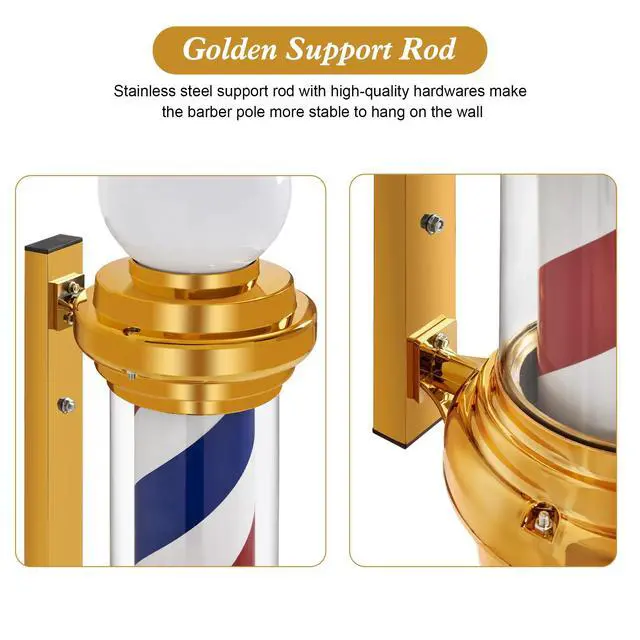 Alt view image 4 of 6 - Barber Pole with LED Light for Hairdressing,Salon Spa Stripes Rotating lamp,Wall Mount Barber Outside Pole,Classic Barbershop Open Sign, 71"(L) x 10.2"(W) x 26.7"(H) L018 (Golden)