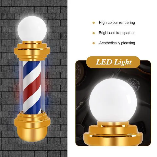 Alt view image 5 of 6 - Barber Pole with LED Light for Hairdressing,Salon Spa Stripes Rotating lamp,Wall Mount Barber Outside Pole,Classic Barbershop Open Sign, 71"(L) x 10.2"(W) x 26.7"(H) L018 (Golden)