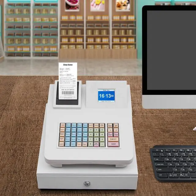 Alt view image 2 of 6 - Electronic Cash Register,Commercial Cash Register with 8-Digit LED Customer Display, Thermal Printer, Cash Drawer,RS232 & USB Ports for Retail, Convenience Store (White)
