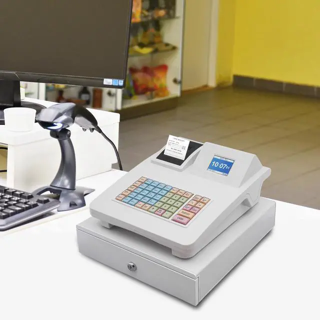 Alt view image 3 of 6 - Electronic Cash Register,Commercial Cash Register with 8-Digit LED Customer Display, Thermal Printer, Cash Drawer,RS232 & USB Ports for Retail, Convenience Store (White)