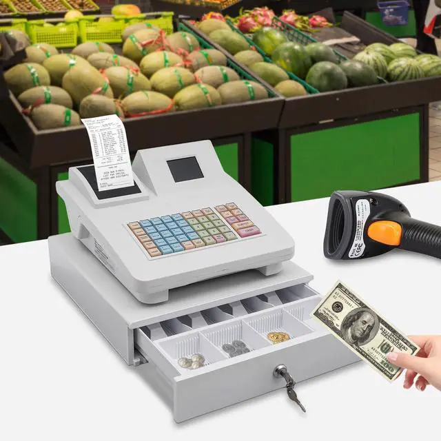 Alt view image 4 of 6 - Electronic Cash Register,Commercial Cash Register with 8-Digit LED Customer Display, Thermal Printer, Cash Drawer,RS232 & USB Ports for Retail, Convenience Store (White)