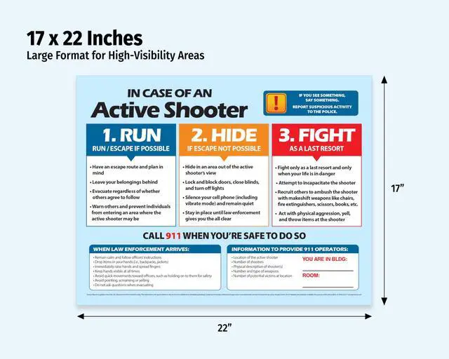 Alt view image 2 of 6 - ZOCO Active Shooter Safety Poster (20-Pack) Laminated 17x22 Emergency Preparedness Sign Run Hide Fight Strategy for School, Workplace, or Public Building