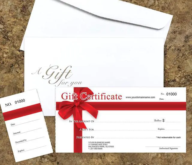 Main image of Custom Gift Certificates Cards with Envelopes 100 set -RED-RIBBON-Gift Coupons,Vouchers for Small Business,Spa,Makeup,Hair Beauty Salon,Restaurant,Wedding Bridal,Baby Shower,Holiday,Christmas,Birthday