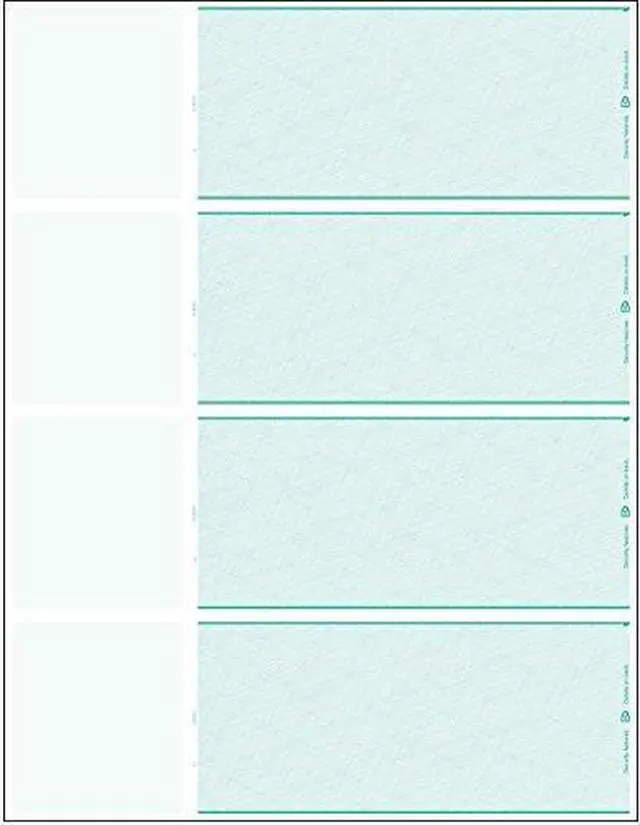 Main image of Blank Check Stock, 4 to a Page, 2000 Checks/500 Sheets, Green, Personal Sized with Left stub